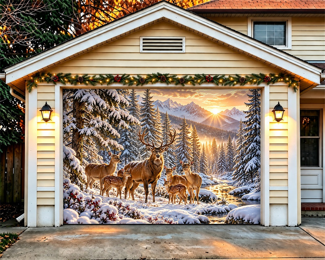 Reindeer Christmas Garage Door Cover Snowy Forest Family Christmas Outdoor Garage Door Decor LXX610-89-1 Car