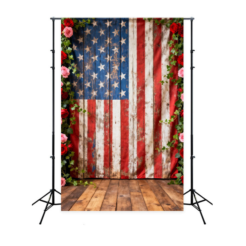 American Flag Backdrop Rustic Wood Floral Frame 4th of July Photography Backdrops LXX62-11
