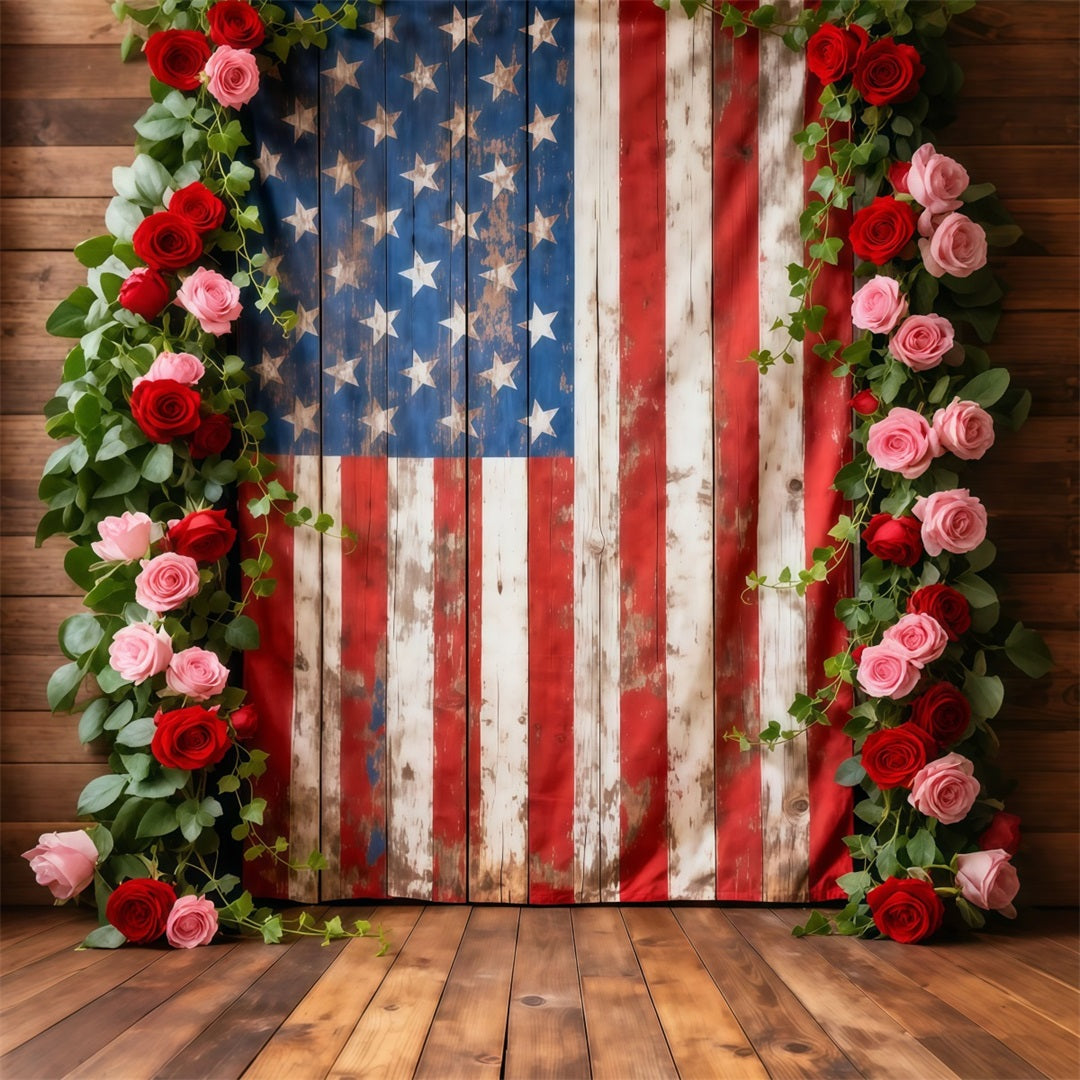 American Flag Backdrop Rustic Wood Floral Frame 4th of July Photography Backdrops LXX62-11