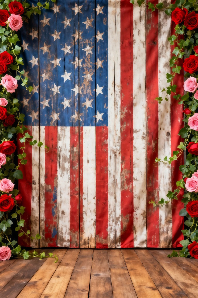 American Flag Backdrop Rustic Wood Floral Frame 4th of July Photography Backdrops LXX62-11