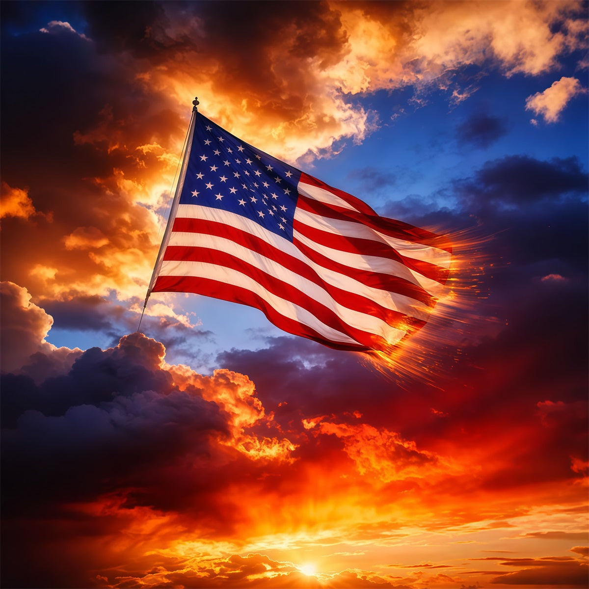 American Flag Backdrop Photography Blazing Sunset Clouds Glow 4th of July Backdrop LXX62-12