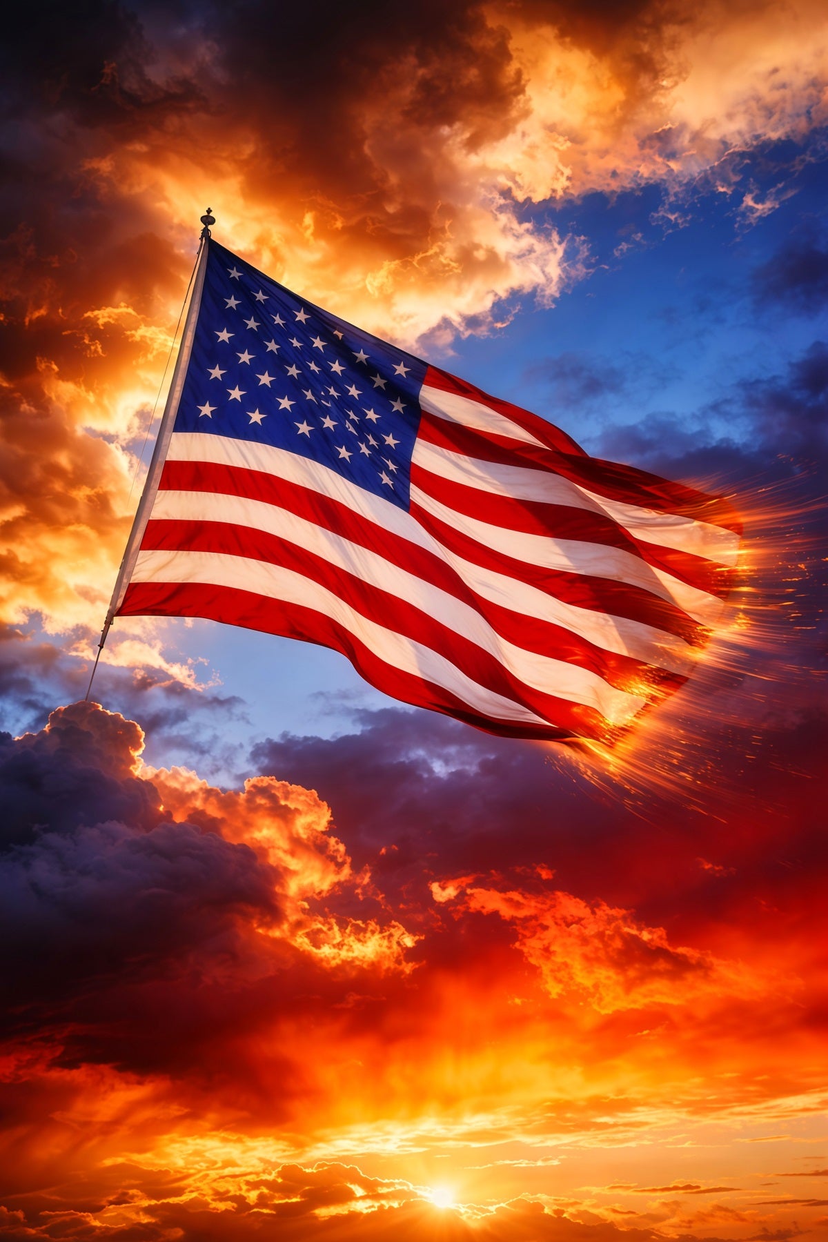 American Flag Backdrop Photography Blazing Sunset Clouds Glow 4th of July Backdrop LXX62-12