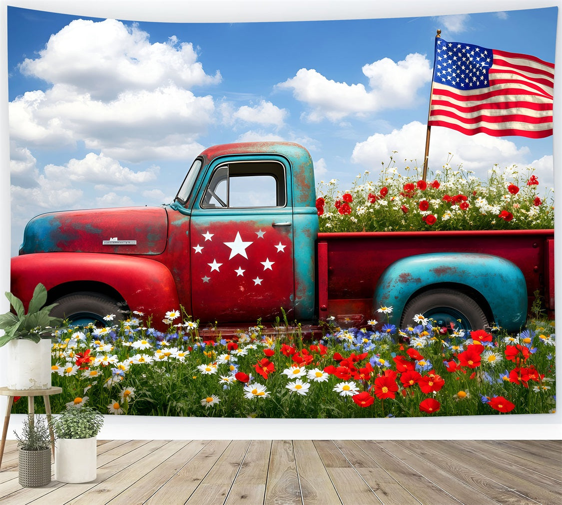 American Flag Photo Backdrop Vintage Truck Wildflower Field 4th of July Photo Backdrop LXX62-17