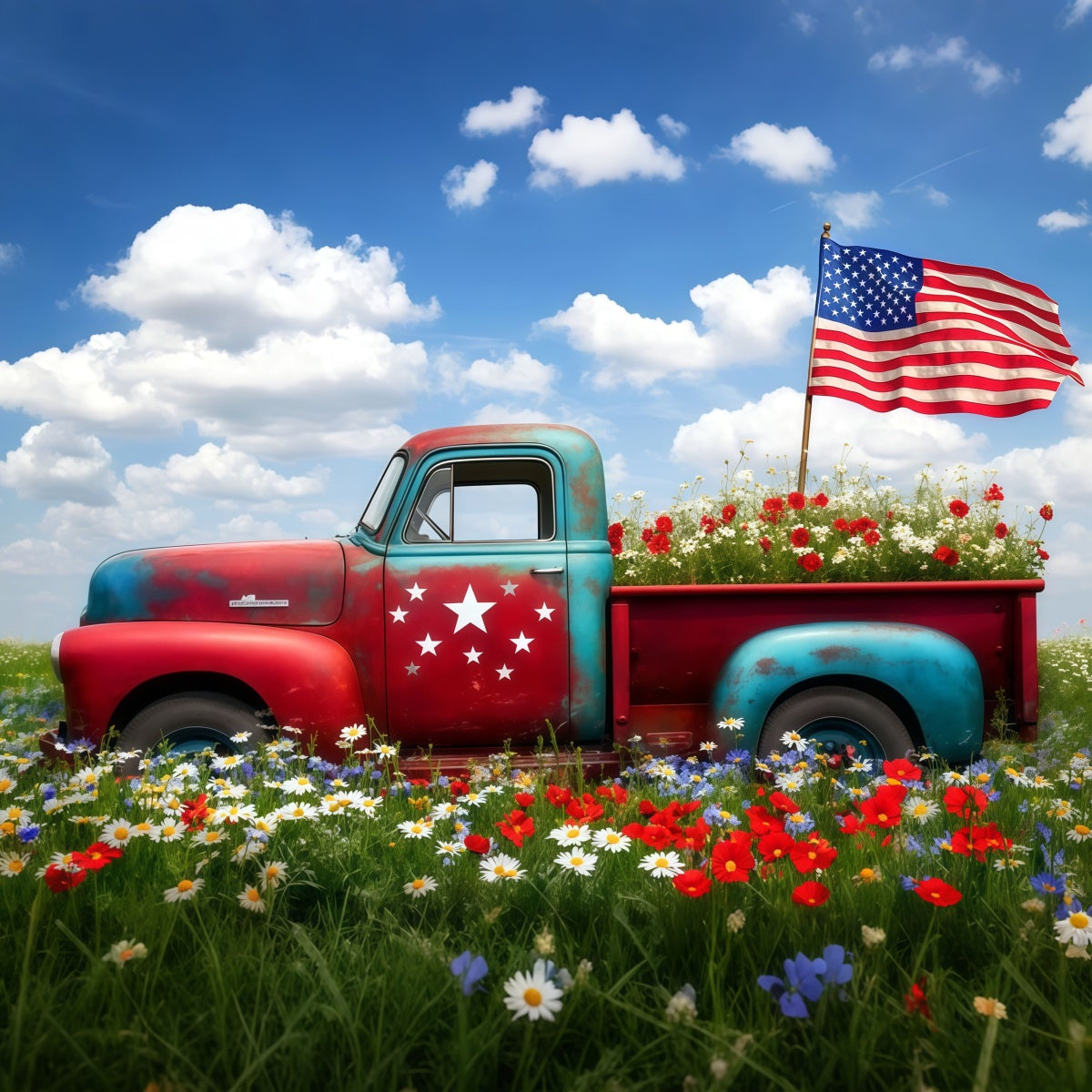 American Flag Photo Backdrop Vintage Truck Wildflower Field 4th of July Photo Backdrop LXX62-17