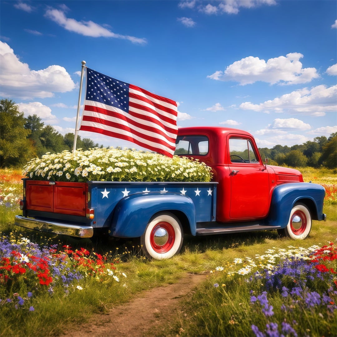 US Flag Backdrop Classic Pickup Daisy Meadow Independence Day Backdrops LXX62-18