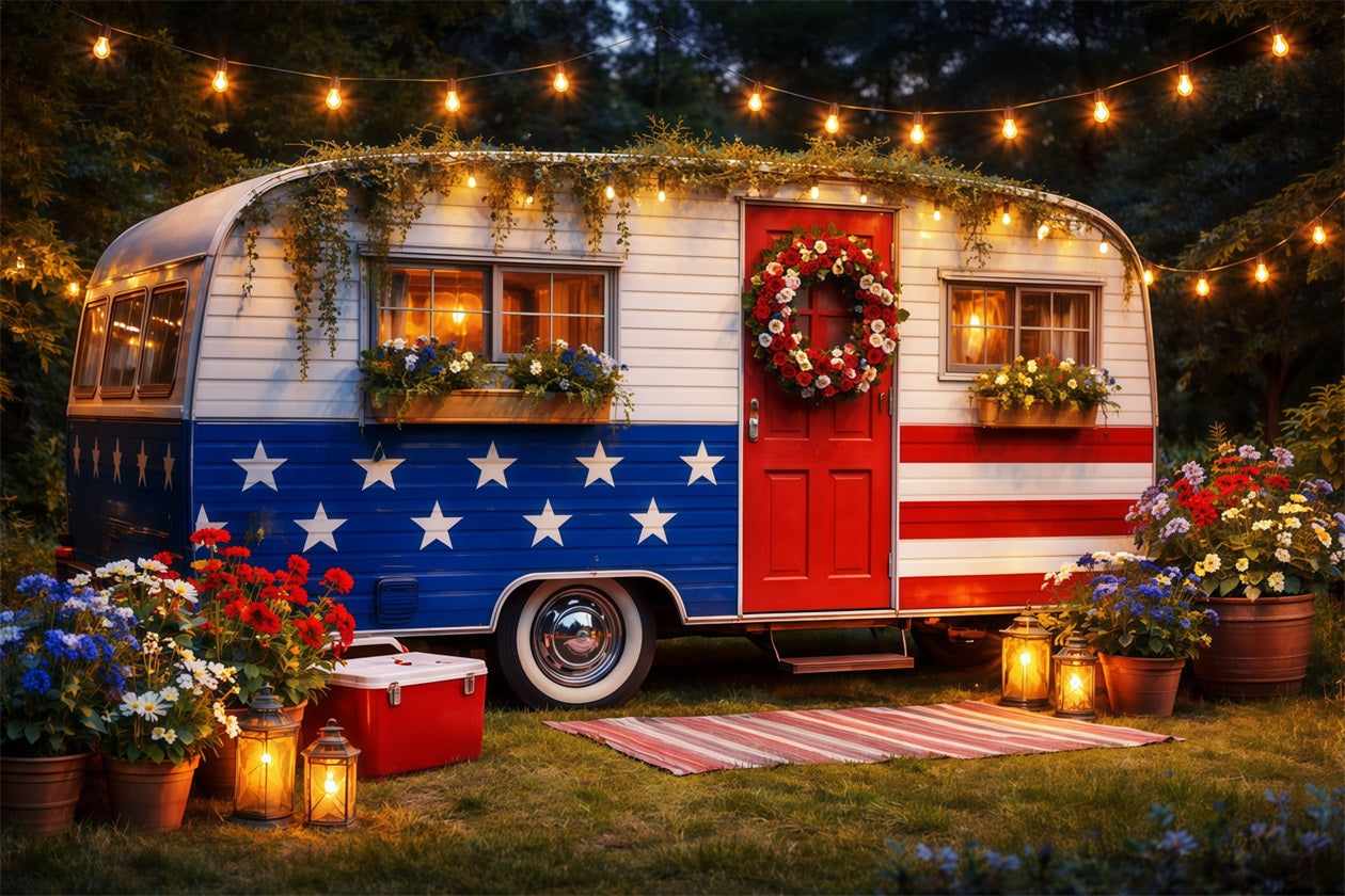 USA Flag Backdrop Patriotic Camper Garden Lights 4th of July Photography Backdrops LXX62-19