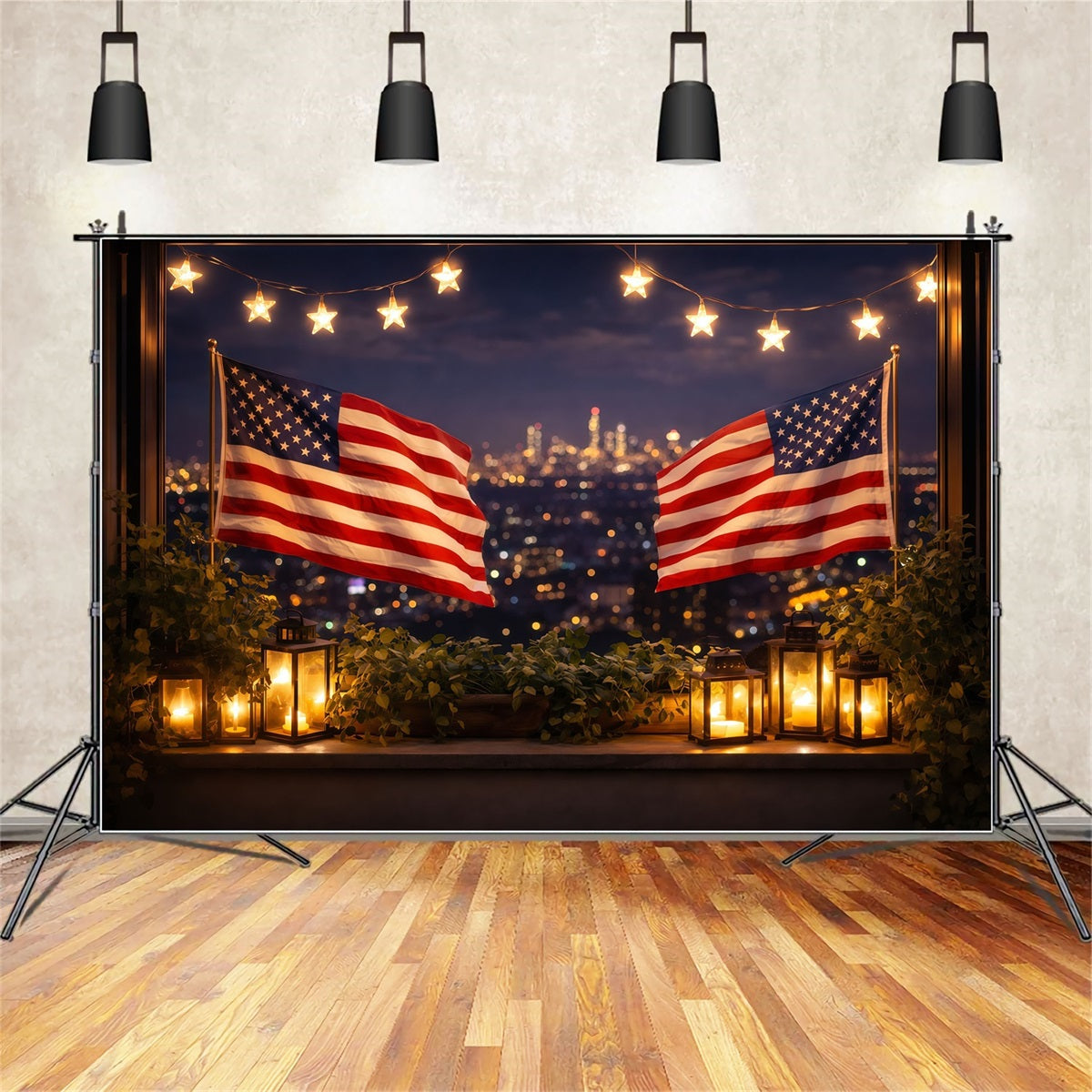 American Flag Backdrop Photography Lantern Balcony City Glow 4th of July Backdrop LXX62-22