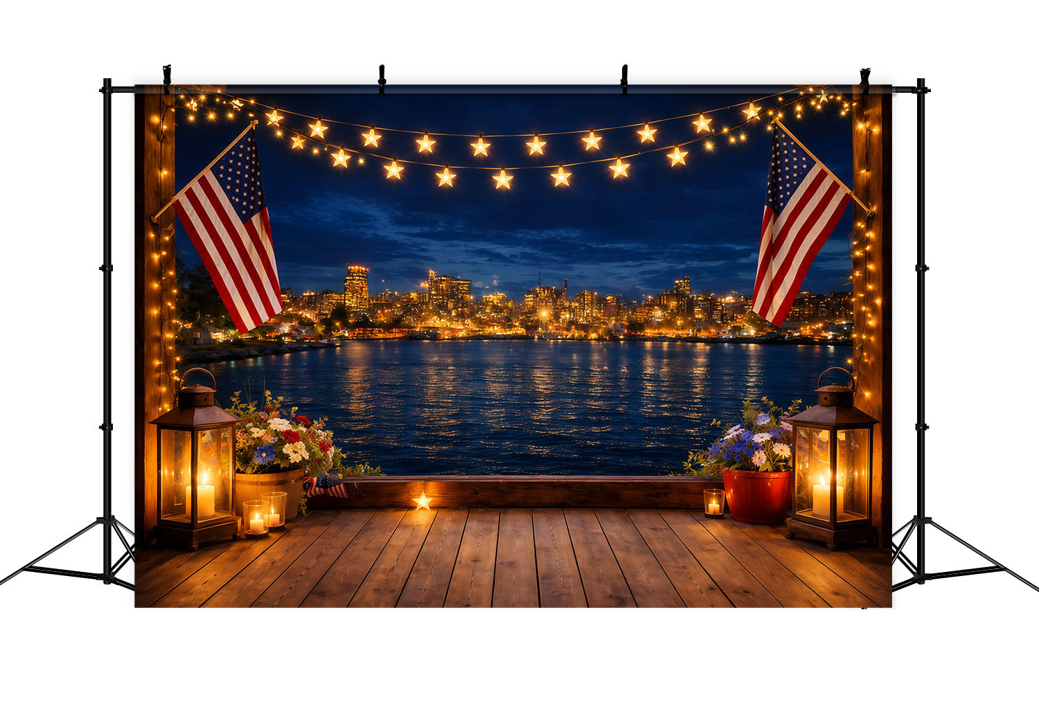 American Flag Photo Backdrop Waterfront Deck Star Lights Independence Day Backdrops LXX62-23