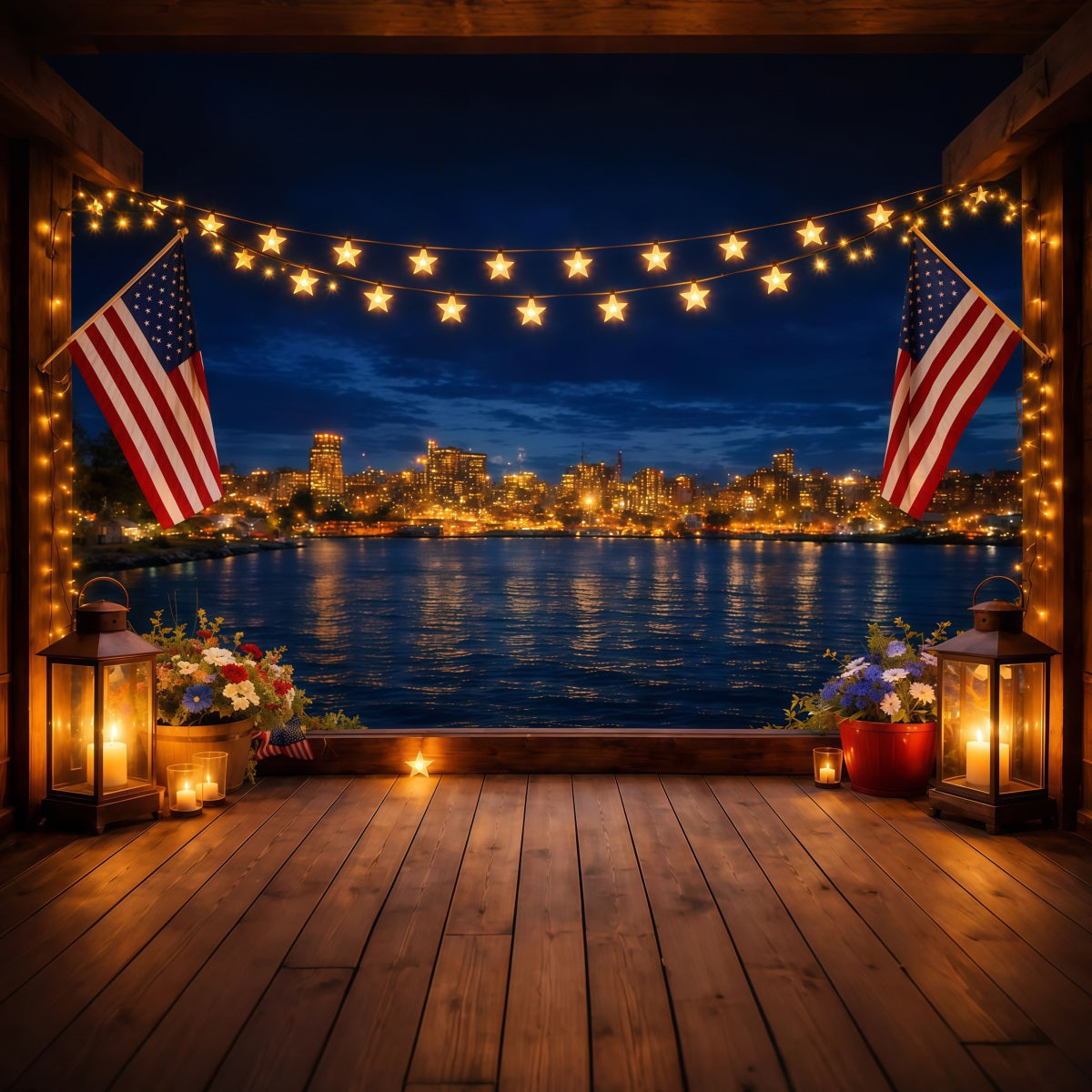American Flag Photo Backdrop Waterfront Deck Star Lights Independence Day Backdrops LXX62-23