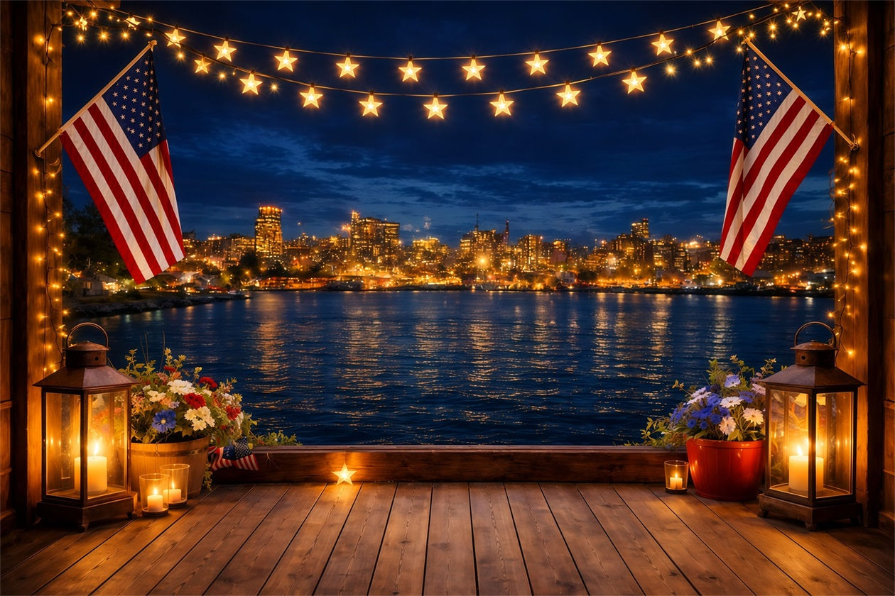 American Flag Photo Backdrop Waterfront Deck Star Lights Independence Day Backdrops LXX62-23