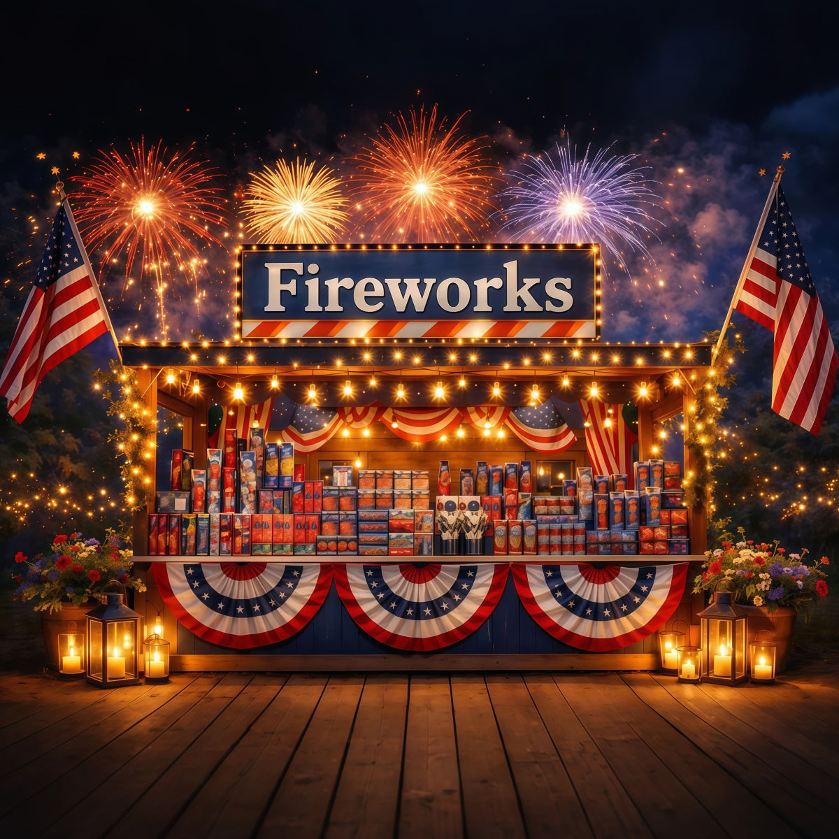 American Flag Backdrop Glowing Fireworks Night Booth Independence Day Backdrop LXX62-27