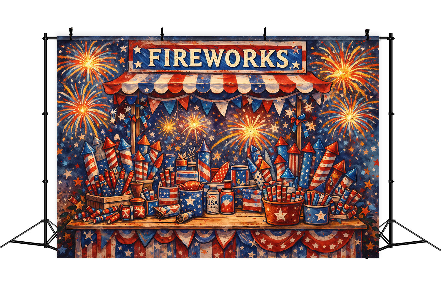 US Flag Backdrop Vintage Illustrated Fireworks Stall Independence Day Backdrops LXX62-28