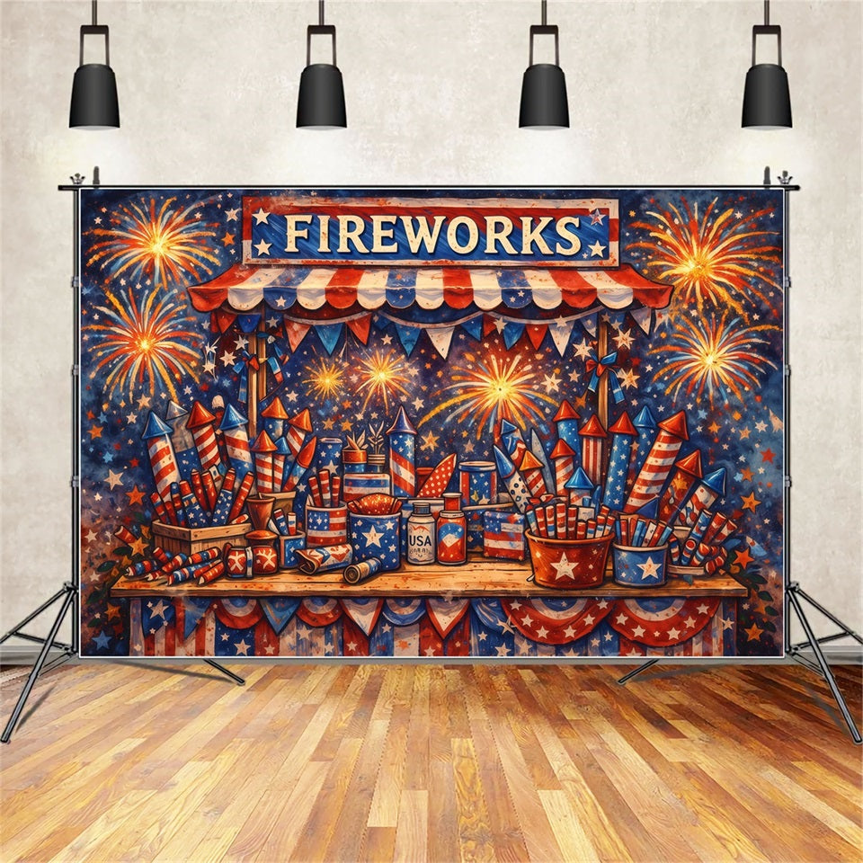 US Flag Backdrop Vintage Illustrated Fireworks Stall Independence Day Backdrops LXX62-28