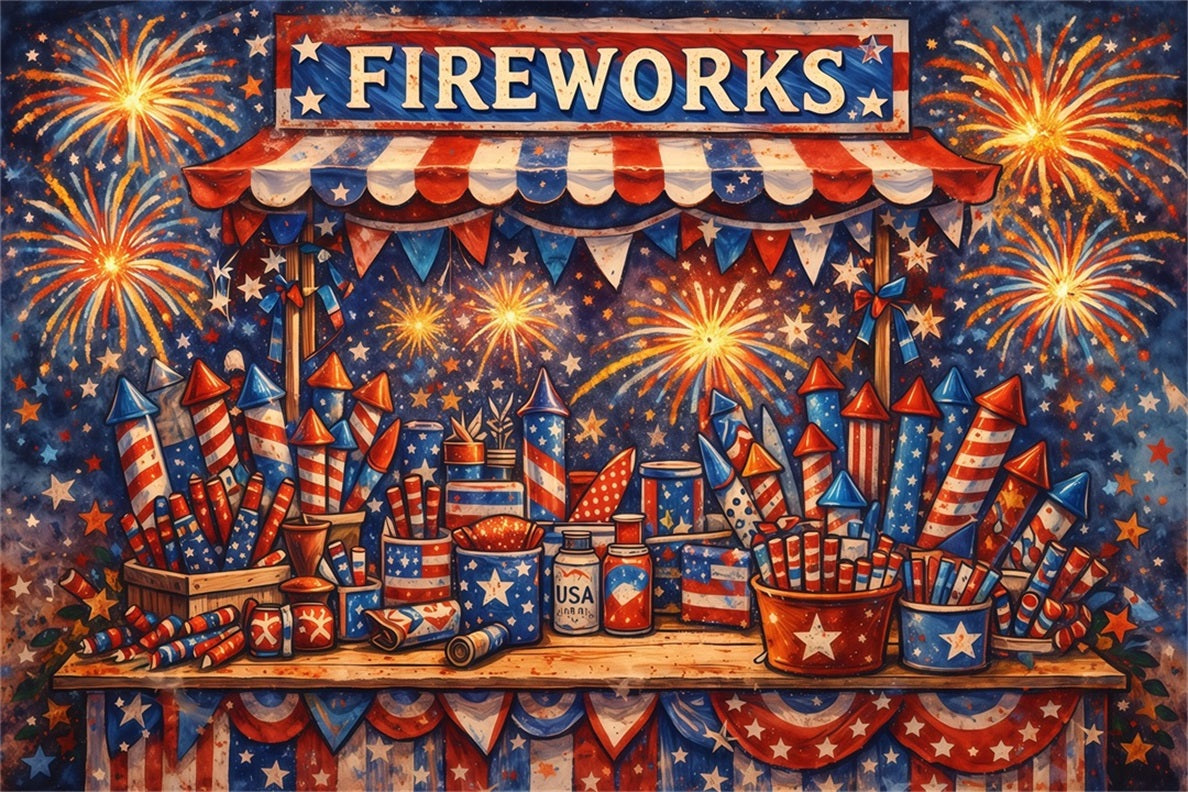 US Flag Backdrop Vintage Illustrated Fireworks Stall Independence Day Backdrops LXX62-28