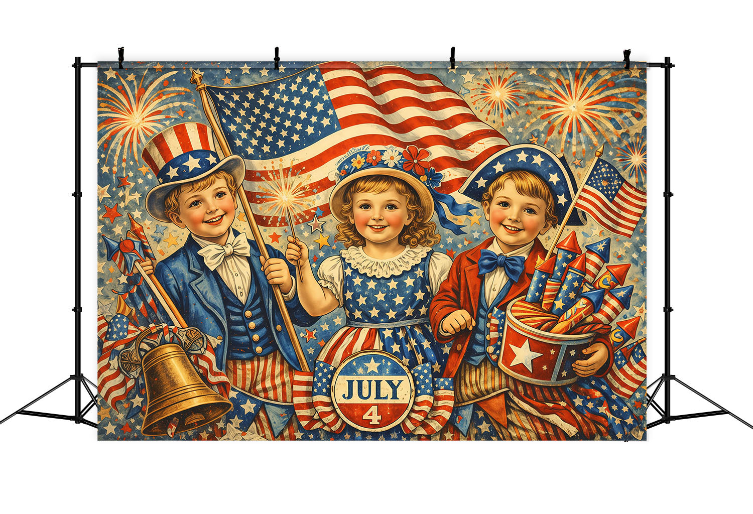 USA Flag Backdrop Vintage Patriotic Children Illustration 4th of July Fireworks Photo Backdrop LXX62-29