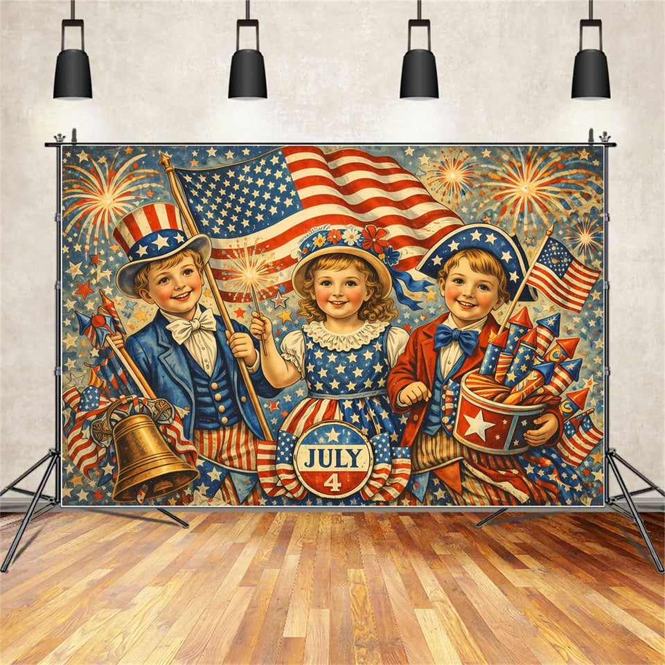 USA Flag Backdrop Vintage Patriotic Children Illustration 4th of July Fireworks Photo Backdrop LXX62-29