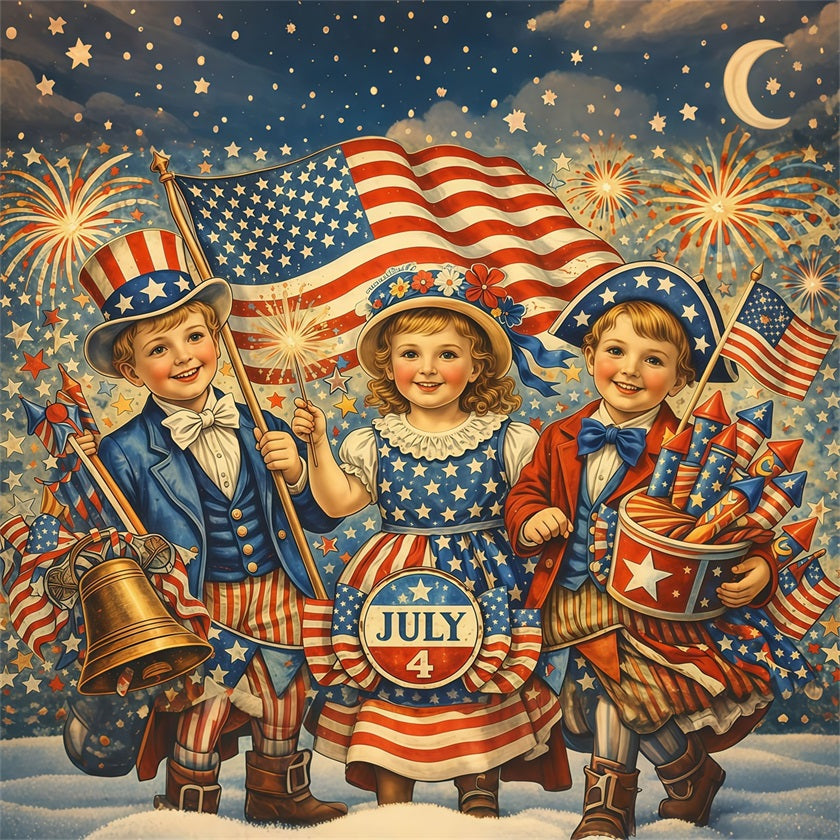 USA Flag Backdrop Vintage Patriotic Children Illustration 4th of July Fireworks Photo Backdrop LXX62-29