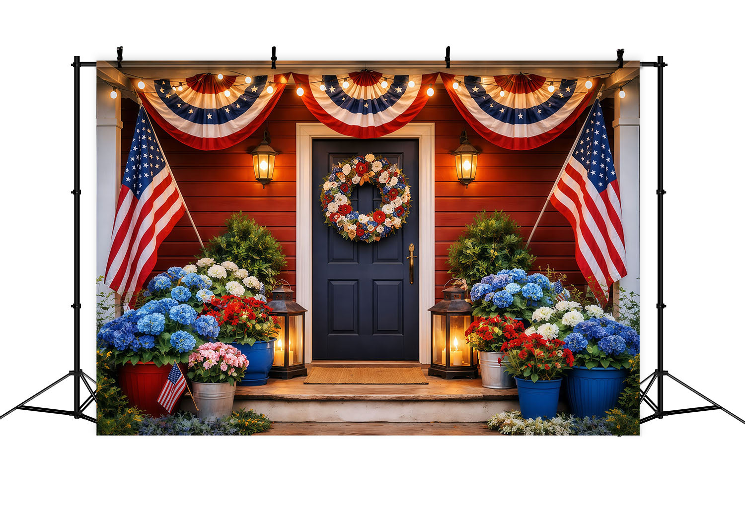 US Flag Photo Backdrop Festive Front Porch Americana Independence Day Backdrops LXX62-30