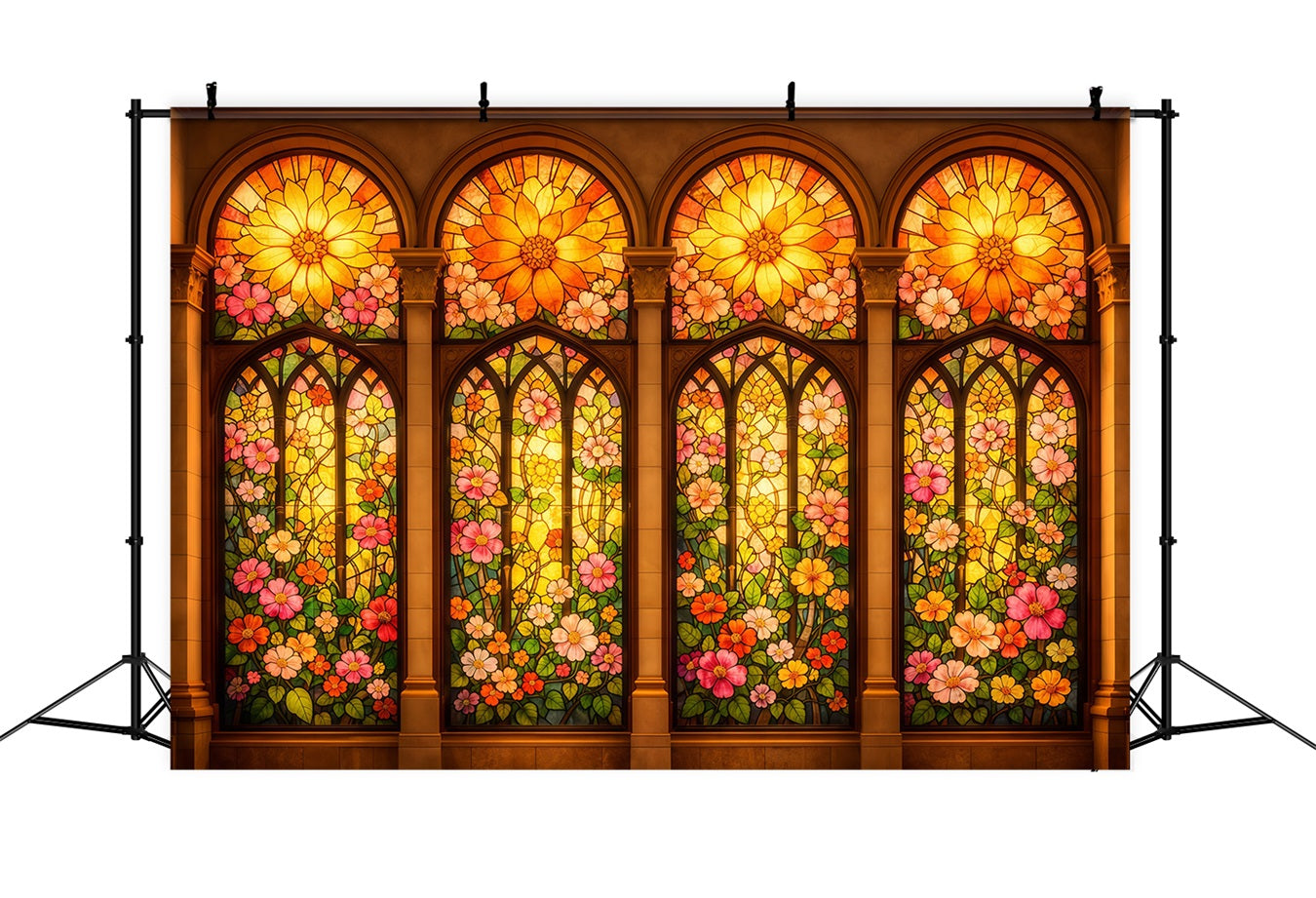 Stained Glass Backdrop Golden Floral Cathedral Windows Easter Photo Backdrop LXX62-33