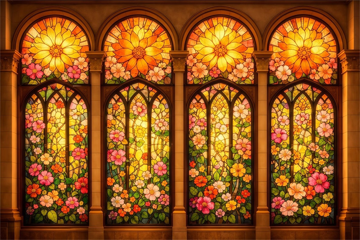 Stained Glass Backdrop Golden Floral Cathedral Windows Easter Photo Backdrop LXX62-33