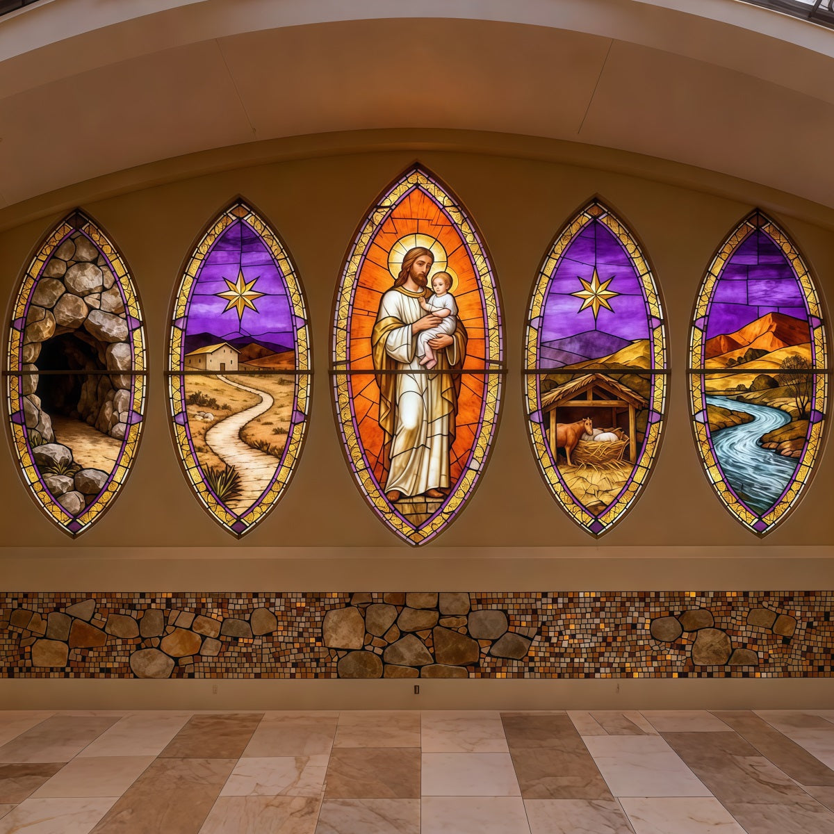 Easter Church Photo Backdrop Resurrection Shepherd Stained Glass Panels Easter Backdrops LXX62-35