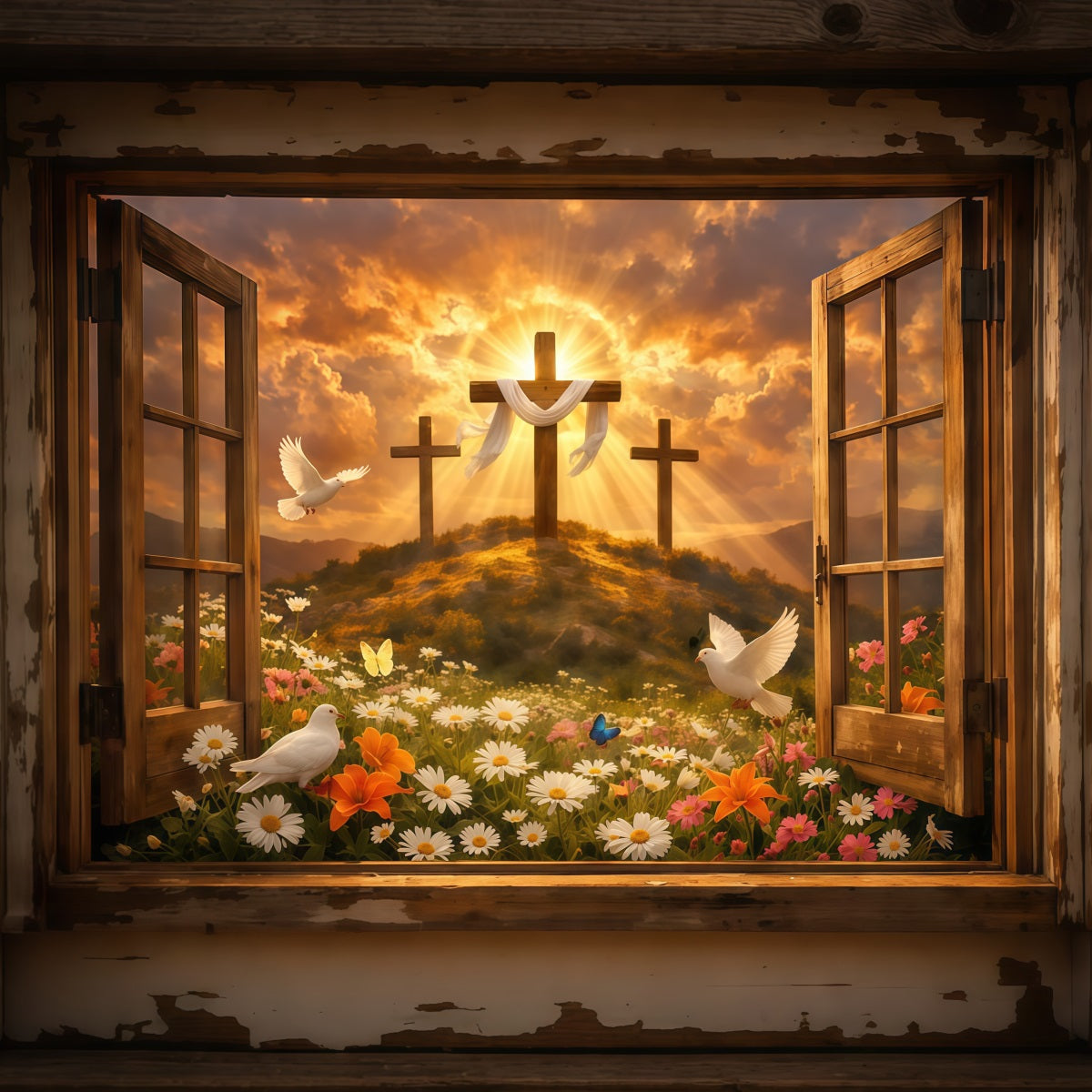Easter Church Backdrop Resurrection Hill Sunrise Open Window Easter Photo Backdrops LXX62-37