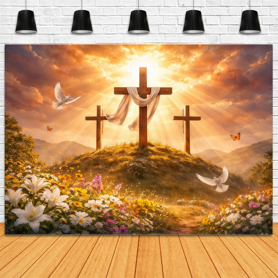 Easter Church Backdrop Golden Glory Three Crosses Meadow Easter Photo Backdrops LXX62-38