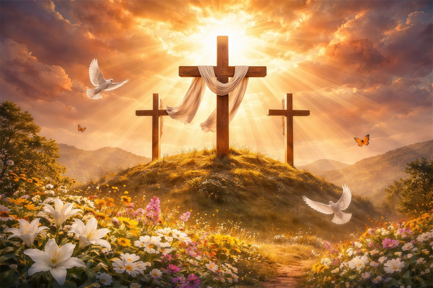 Easter Church Backdrop Golden Glory Three Crosses Meadow Easter Photo Backdrops LXX62-38