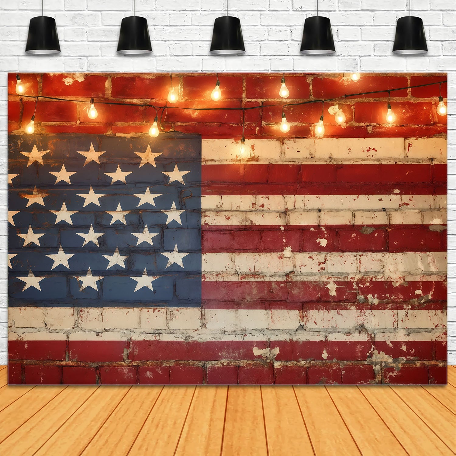 American Flag Backdrops Brick Wall String Lights Independence Day Backdrops LXX62-4