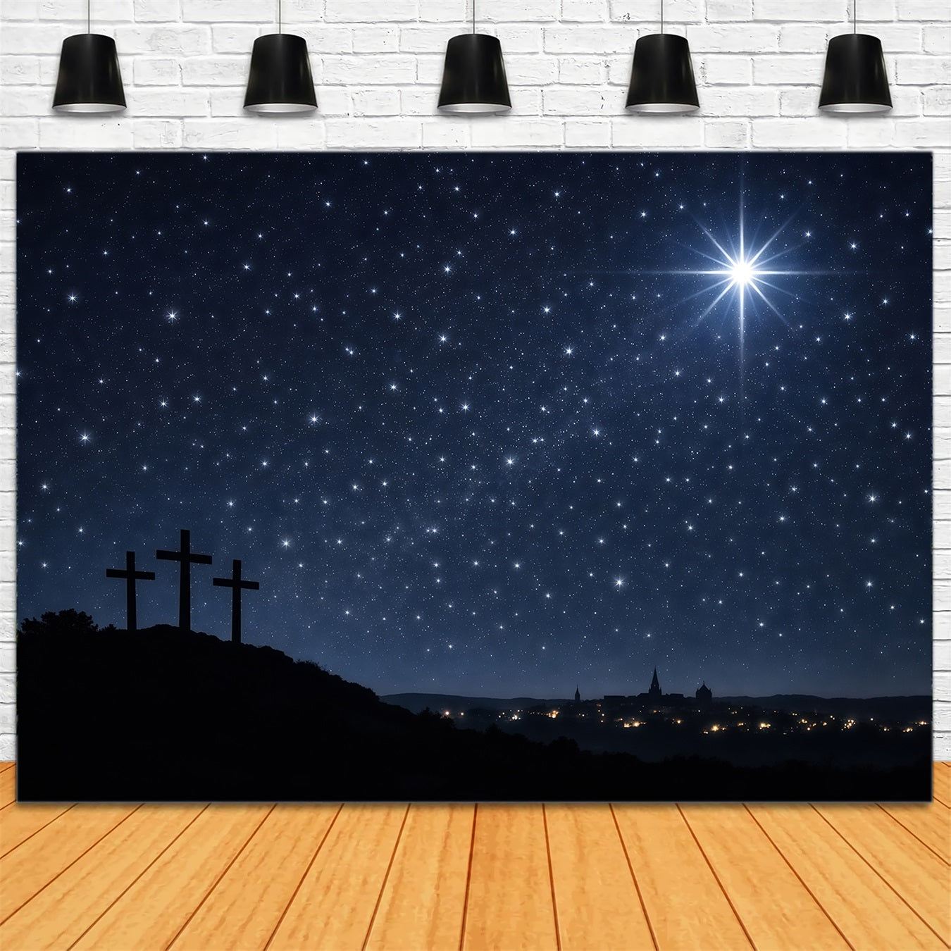 Easter Church Backdrops Starry Calvary Night Silhouette Easter Backdrop For Pictures LXX62-44