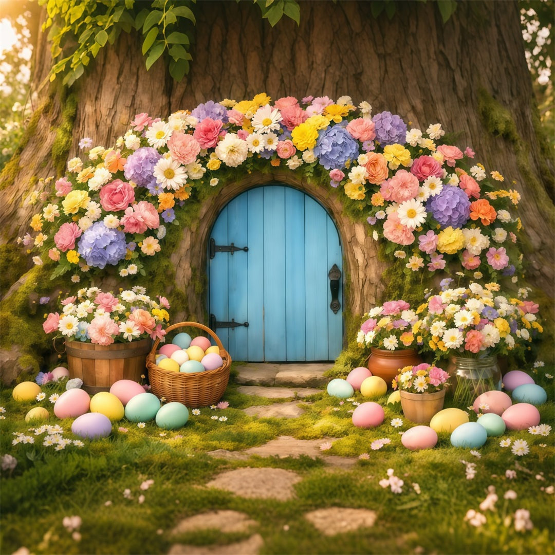 Easter Eggs Backdrop Pastel Floral Tree Doorway Easter Backdrop For Photos LXX62-49