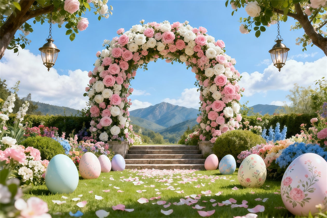 Egg Backdrop Romantic Garden Rose Arch Mountain Landscape Backdrop Easter LXX62-50