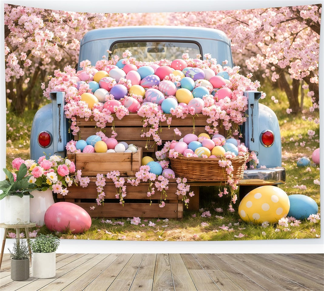 Easter Egg Photo Backdrop Vintage Truck Cherry Blossom Backdrops For Easter LXX62-53