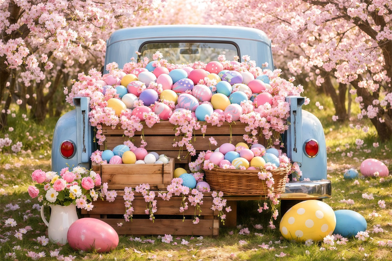 Easter Egg Photo Backdrop Vintage Truck Cherry Blossom Backdrops For Easter LXX62-53