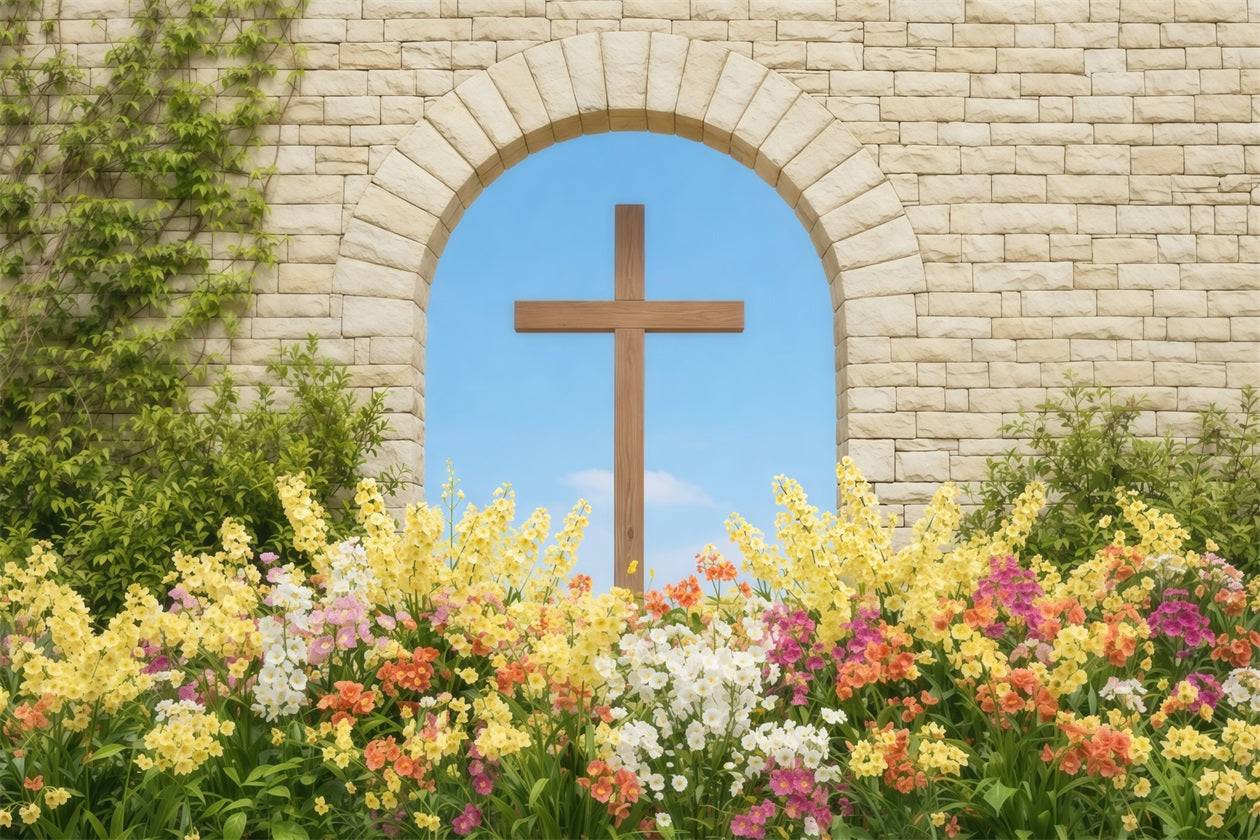 Easter Photo Backdrop Ideas For Church Stone Arch Cross Spring Garden Easter Picture Backdrop LXX62-54