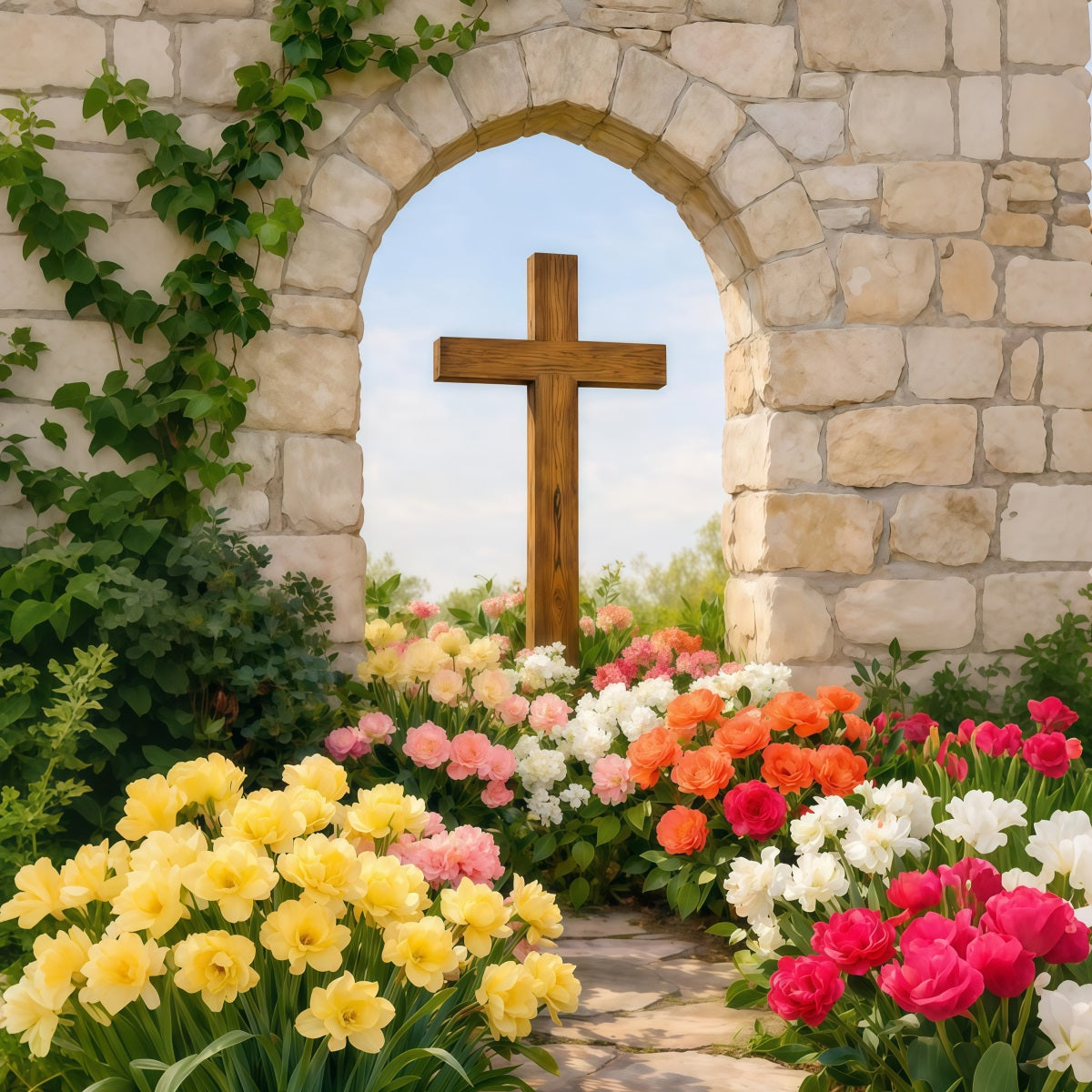 Easter Photo Backdrop Ideas For Church Rustic Arch Cross Floral Path Easter Picture Backdrop LXX62-55