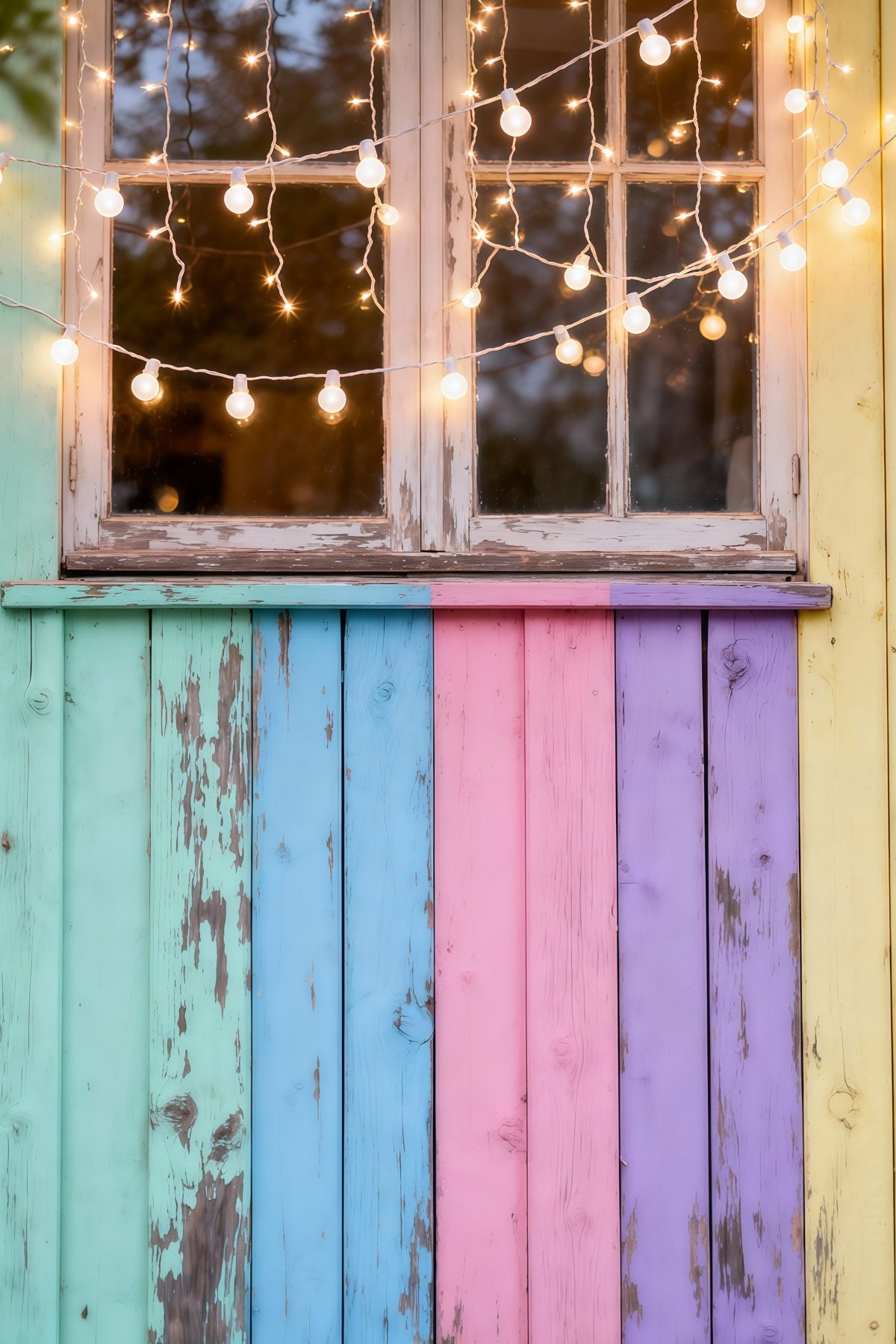 Easter Sunday Photo Backdrop Pastel Wooden Window Fairy Lights Easter Photography Backdrop LXX62-56