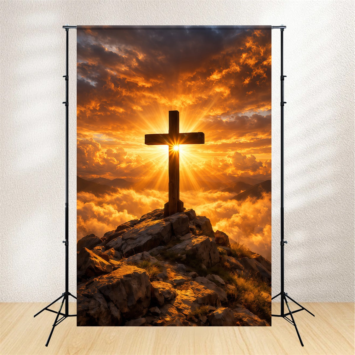 Religious Easter Backdrop Golden Radiant Cross Sunrise Easter Photography Backdrops For Sale LXX62-58