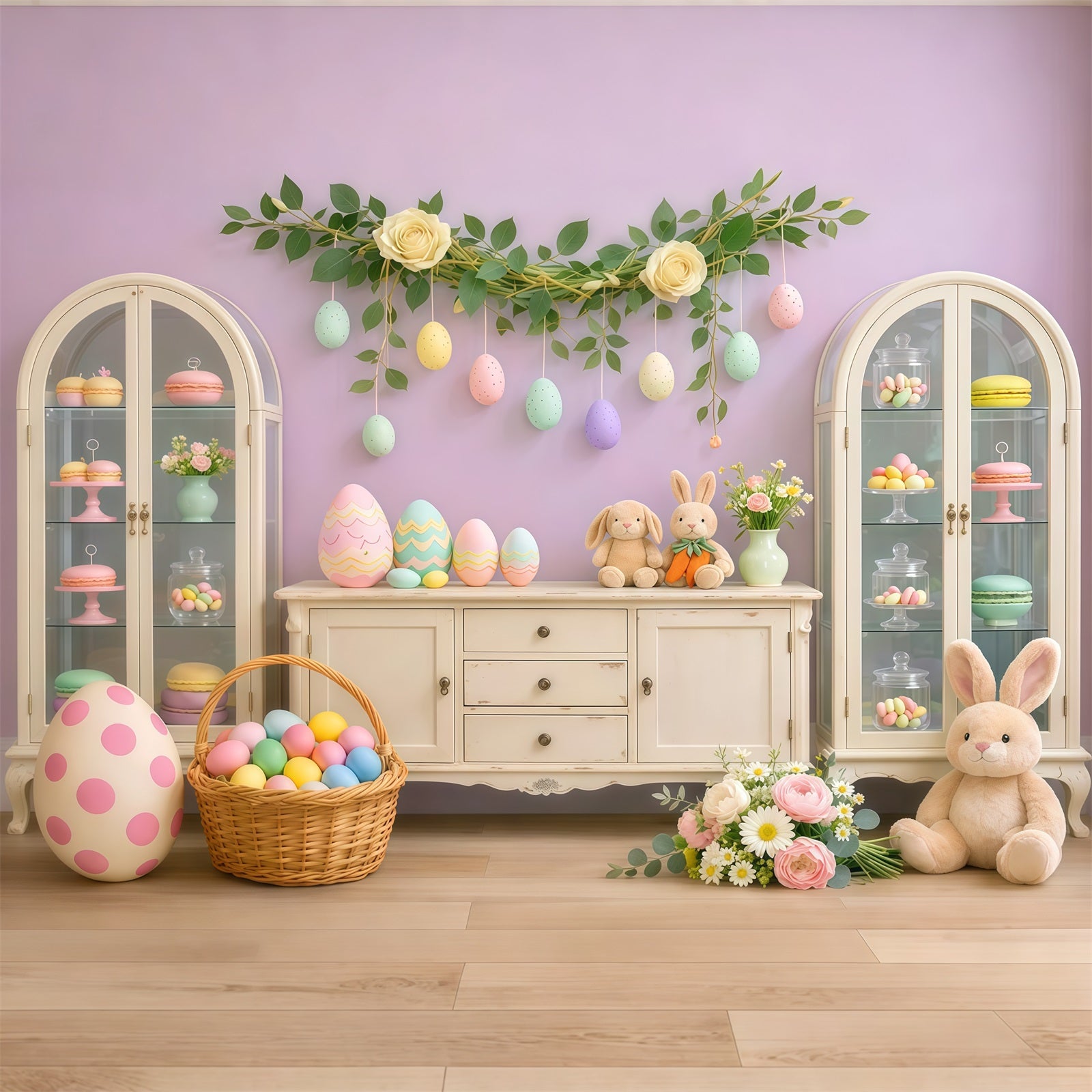 Cute Easter Backdrop Pastel Candy Cabinet Egg Display Backdrop For Easter Pictures LXX62-62