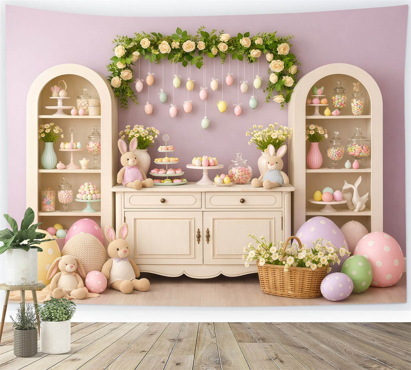 Cute Easter Backdrop Lavender Sweet Macaron Bunny Display Backdrop For Easter Pictures LXX62-63