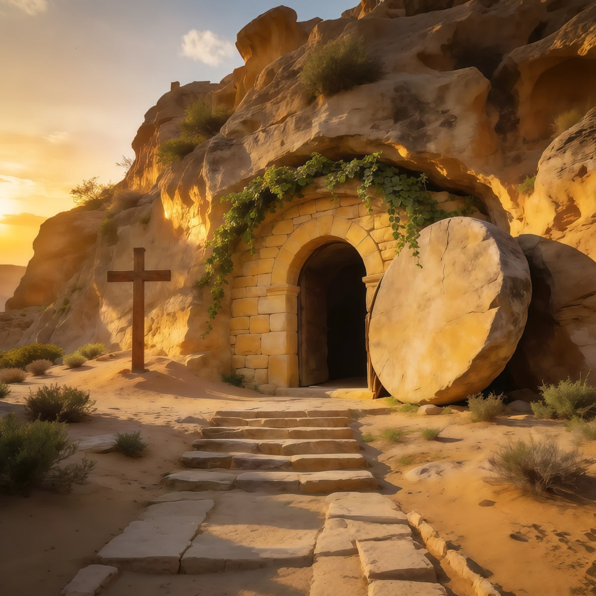 Easter Tomb Backdrop Golden Sunrise Empty Cave Cross Outdoor Easter Backdrop LXX62-64