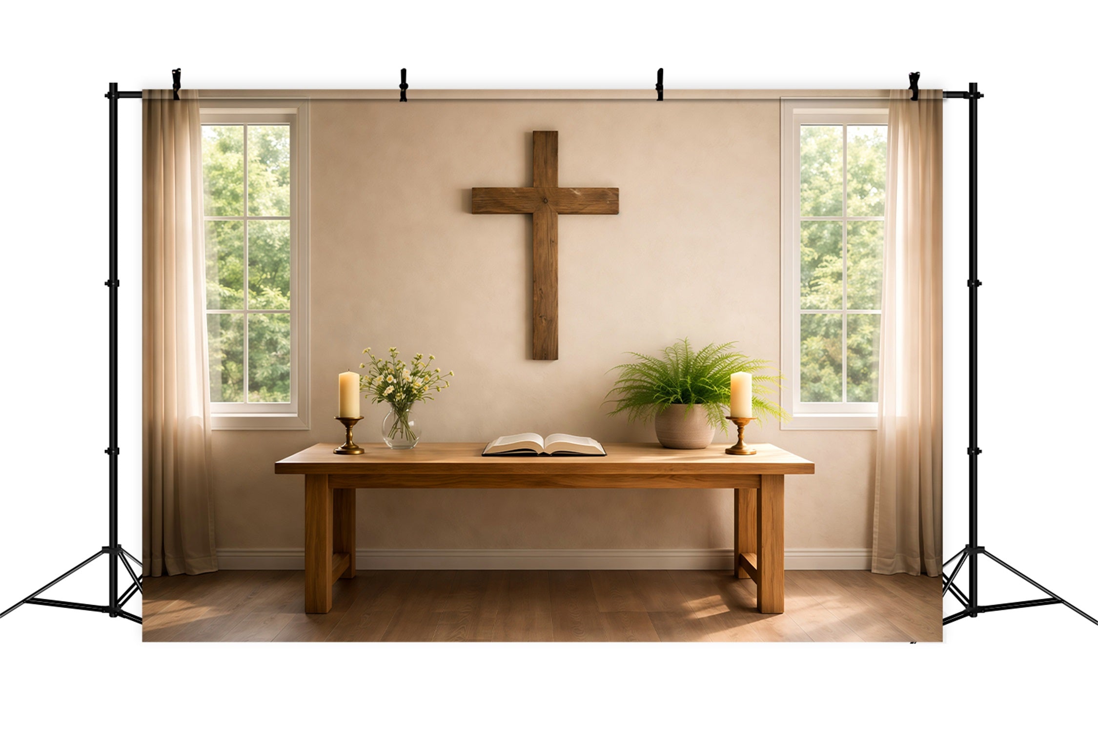 Church Easter Photo Backdrops Minimalist Prayer Table Wooden Cross Backdrops Easter LXX62-65