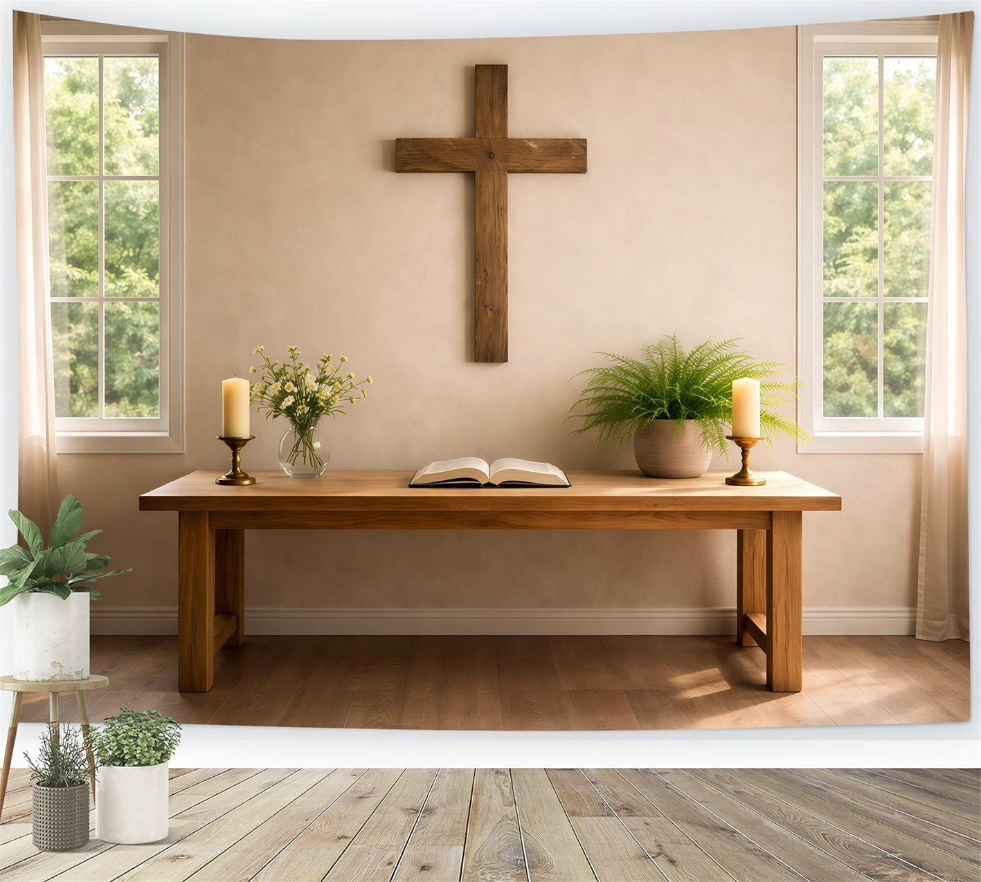 Church Easter Photo Backdrops Minimalist Prayer Table Wooden Cross Backdrops Easter LXX62-65
