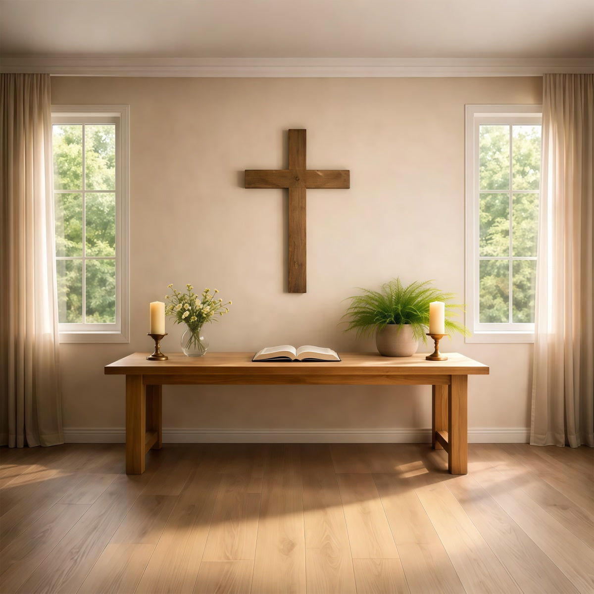 Church Easter Photo Backdrops Minimalist Prayer Table Wooden Cross Backdrops Easter LXX62-65