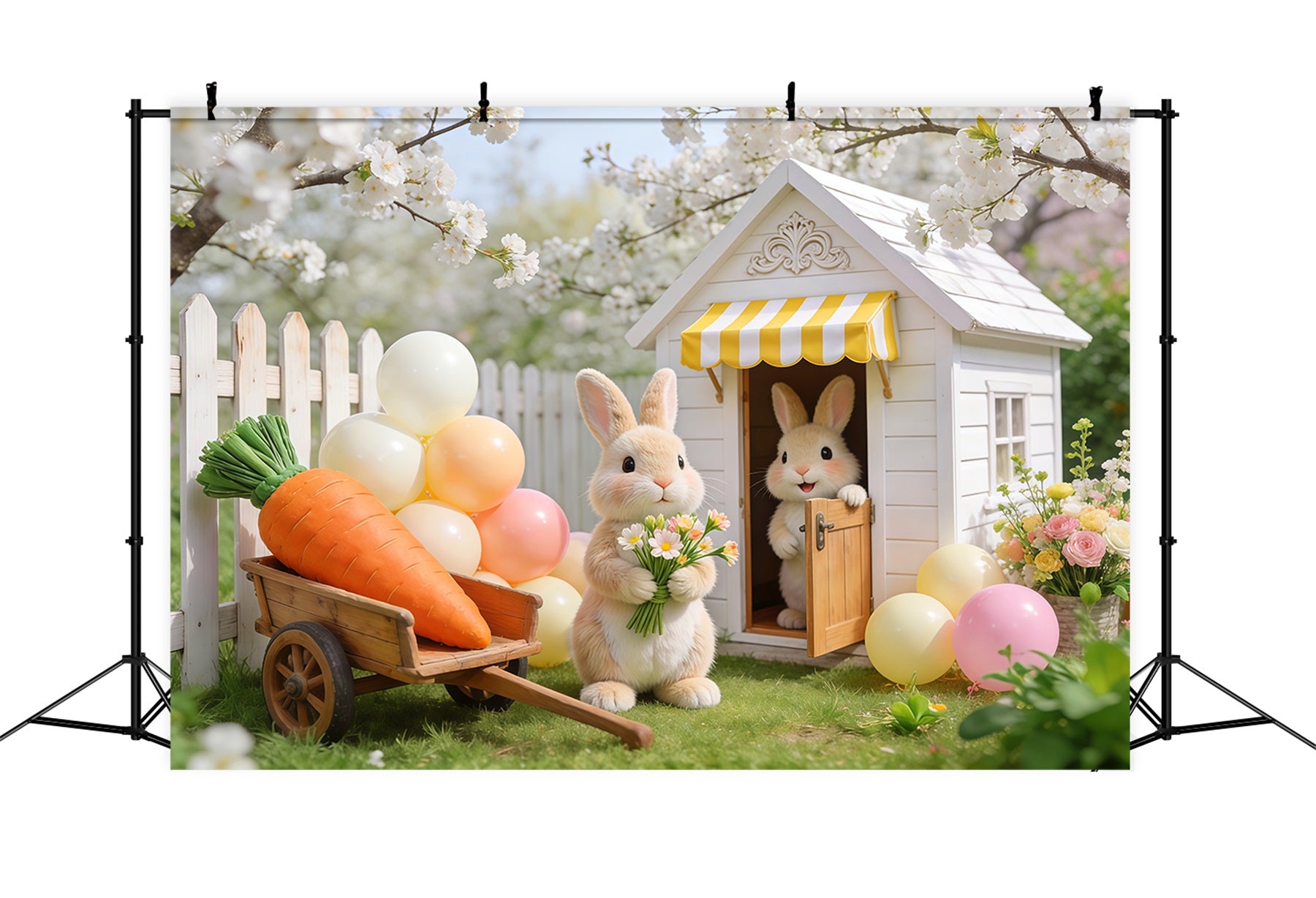 Easter Backdrop With Balloons Cherry Blossom Bunny Garden Cottage Easter Themed Backdrop LXX62-68