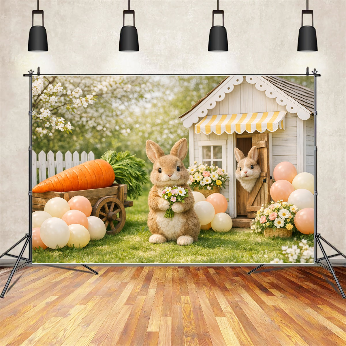 Easter Backdrop With Balloons Spring Bunny Carrot Cart Yard Easter Themed Backdrop LXX62-69