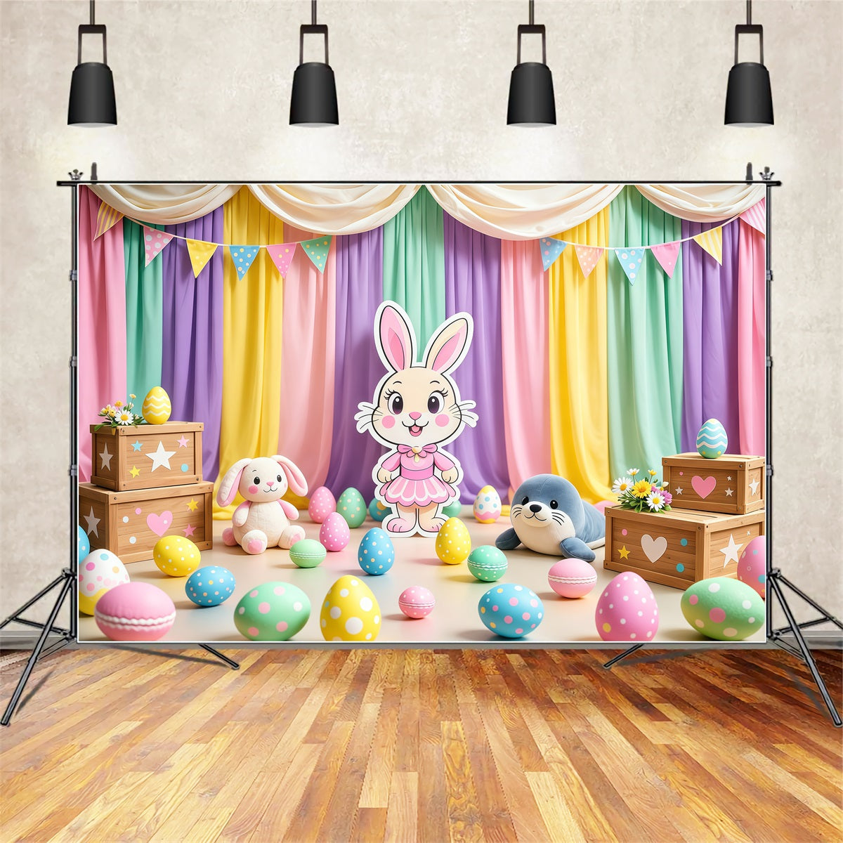 Peter Rabbit Photography Backdrop Pastel Curtain Cartoon Bunny Stage Happy Easter Photo Backdrop LXX62-72