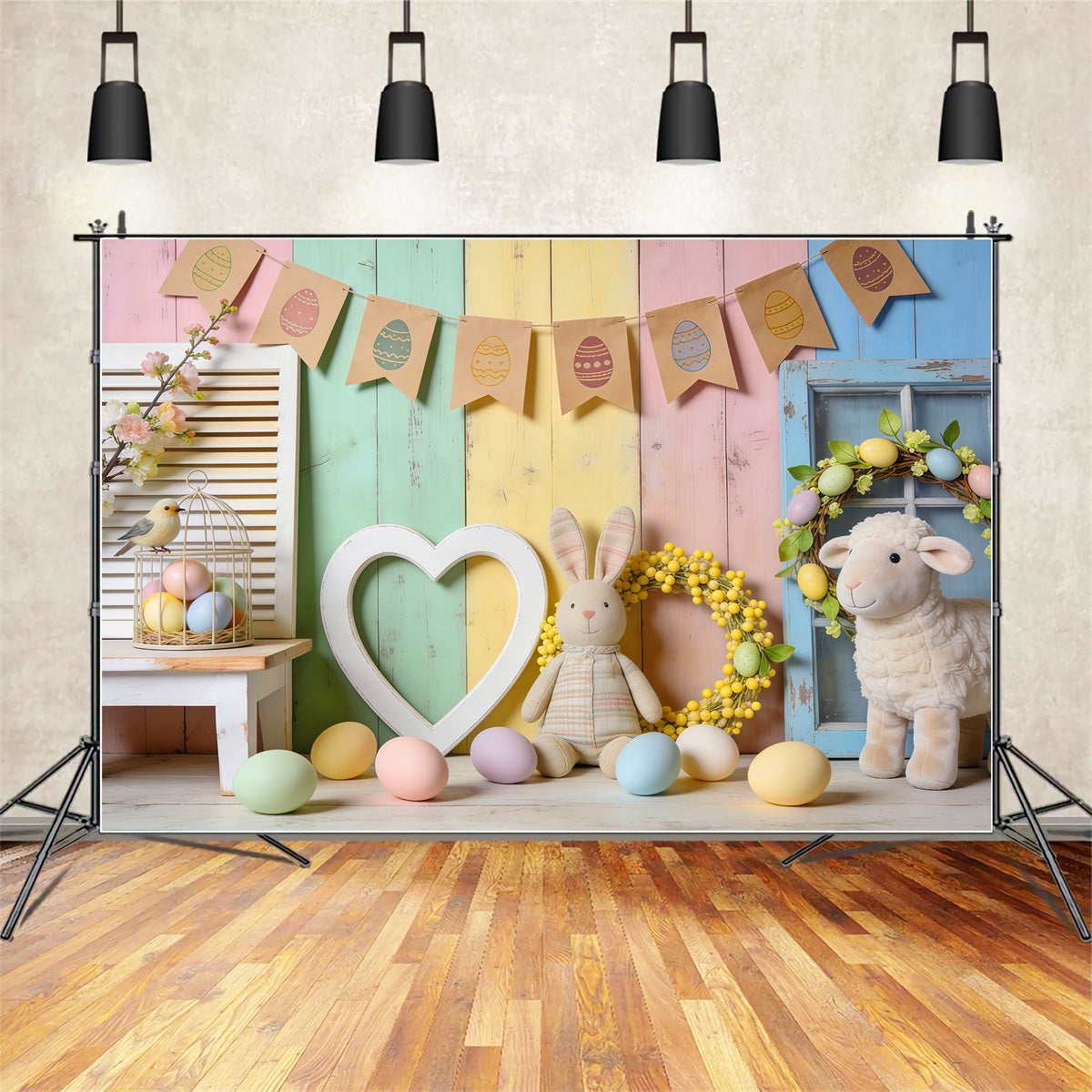 Easter Sunday Backdrop Ideas Pastel Wooden Heart Bunny Decor Photo Backdrops For Easter LXX62-74