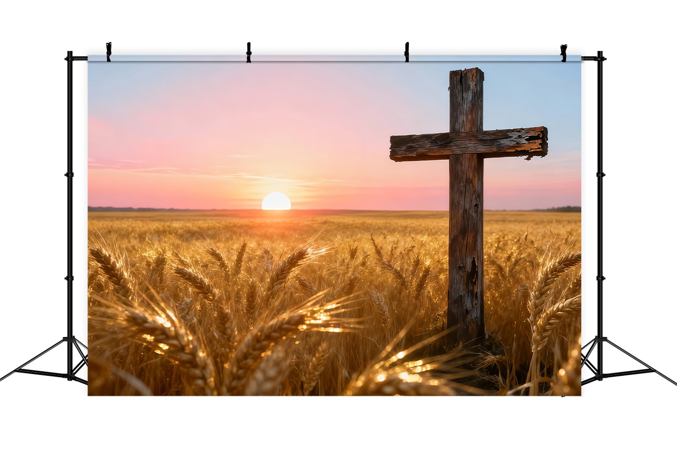 Christian Easter Photo Backdrop Golden Wheatfield Sunset Wooden Cross Simple Easter Backdrop LXX62-75