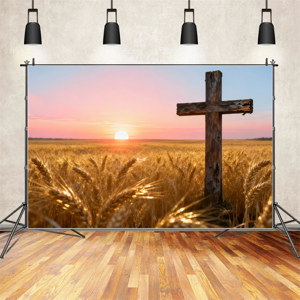 Christian Easter Photo Backdrop Golden Wheatfield Sunset Wooden Cross Simple Easter Backdrop LXX62-75